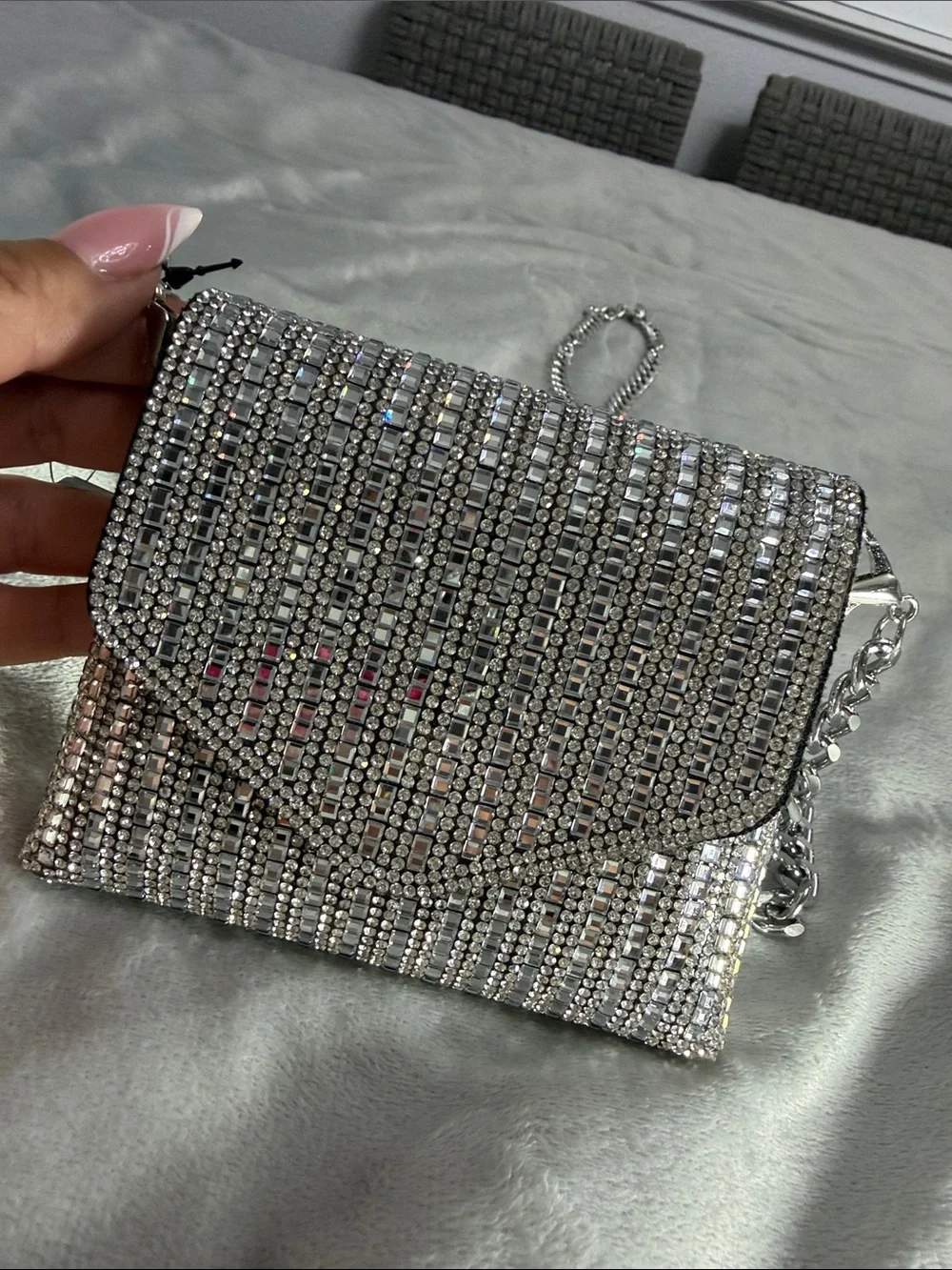 Crystal Embellished Silver Crossbody Bag